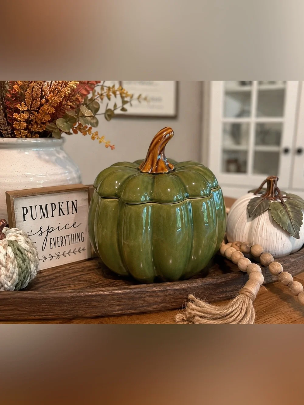Home Fall Harvest Green Ceramic Pumpkin Lidded Jar Canister Stoneware